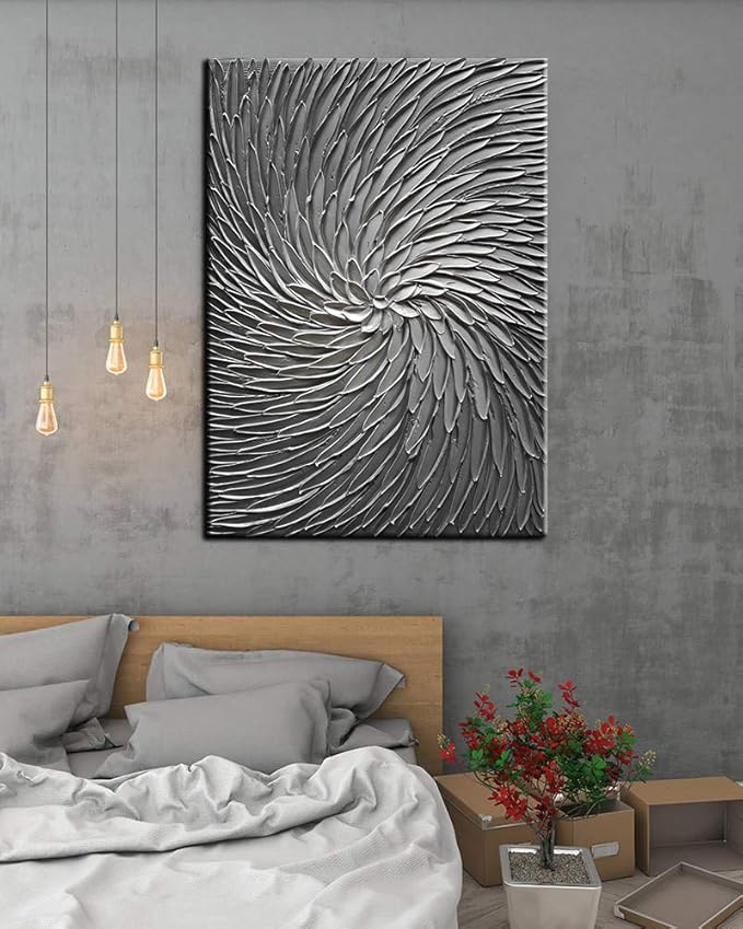 YaSheng Art - 3D Abstract Art Oil Paintings on Canvas Texture Silver Gray Color Abstract Artwork Modern Home Decor Canvas Wall Art Ready to Hang for Living Room Bedroom 24x36inch