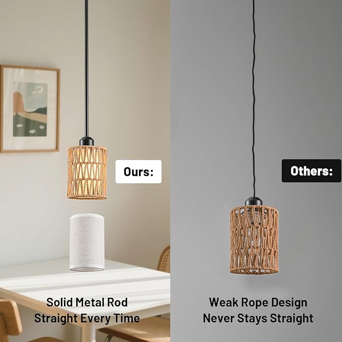 Pendant Light Boho Hanging Lamp - Rattan & Linen 2-in-1 Shade, Adjustable Hanging Lights Fixture for Kitchen Island, Dining Room, Farmhouse, Bedroom (3 Pack)