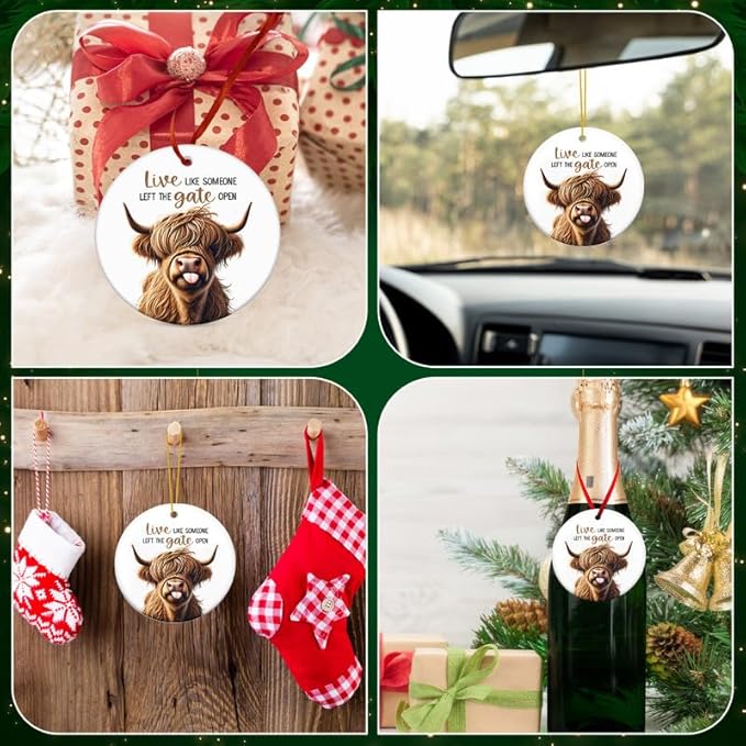 Christmas Highland Cow Gifts for Women Men - Ceramic Christmas Ornaments 2025 for Xmas Tree Decorations - Farmhouse Cow Ornament, Animal Lover Gifts for Friends Family Farmers Home Decorations