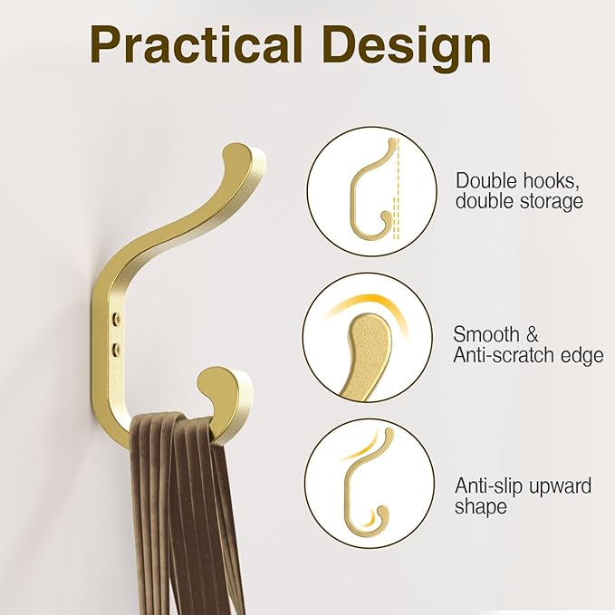 Gold Wall Hooks for Hanging Coats: Metal Mount - Large Heavy Duty (30 Lb) - Screw In - Mudroom for Clothes, Backpack, Purse, Bathroom Towel, 6 Pack