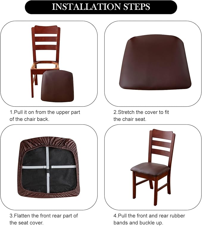 Waterproof PU Leather Seat Covers for Dining Room Chairs Set of 2, Stretch Dining Chair Slipcovers, Kitchen Chair Seat Covers, Non-Slip & Washable (Black)