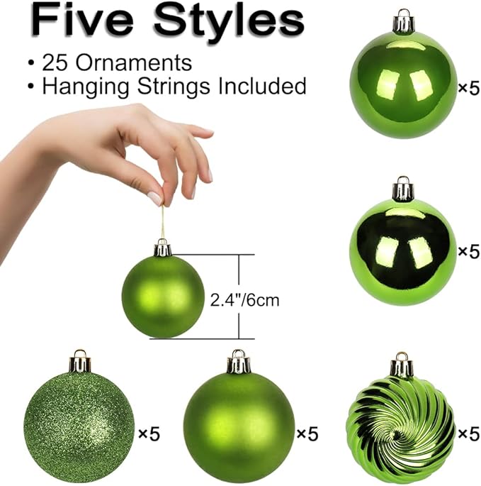 2.36" Green Christmas Balls Ornaments 25 Pcs Shatterproof Christmas Ornaments Set Small Light Green Ornament for Xmas Tree Halloween Holiday Party