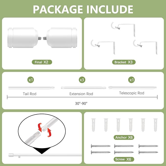 5/8” White Diameter Curtain Rods 30-90 Inch, for 30-84 Inch Windows, Adjustable Splicing White Curtain Rods for Windows with Brackets, Window Rod Long Small Curtains Rod