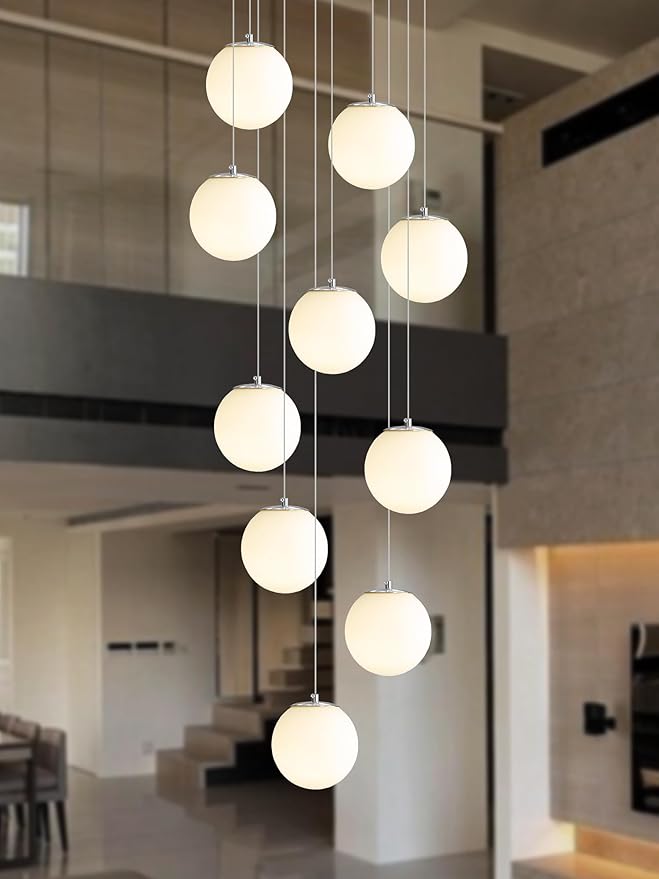 LED Staircase Chandelier Glass Globe Pendant Light Chrome Large Chandeliers for High Ceiling,10-Lights Hanging Flush Mount Lighting Fixtures for Foyer,Entryway,Living Room