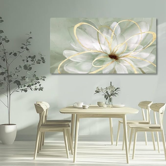 Room Wall Decoration Canvas Wall Art White Flowers Picture Modern Gold Foil Painting for Bedroom Living Room Kitchen Office Hotel 24" x 48"