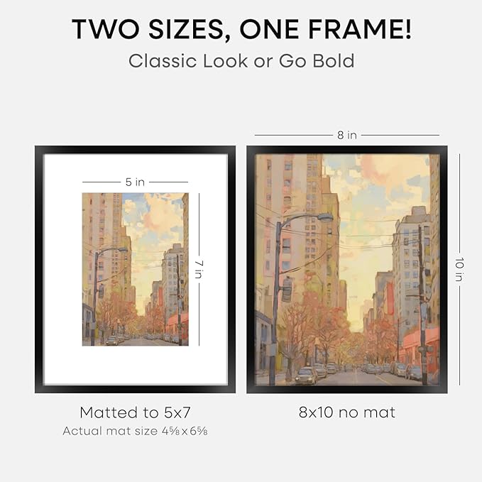Homeforia Black Picture Frames 8x10, High End Metal 8 x 10 Photo Frame with Mat 5 by 7 Art, 10x8 Black Frame Matted to 5x7 inch Print, 8by10 Wall or Tabletop Frames, Tempered Glass, Wall Kit, Set of 2