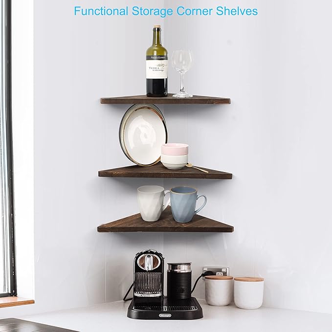Joiishom Corner Wall Shelf Set of 3, Floating Corner Shelves, Rustic Wood Wall Storage Display Shelves for Living Room, Bedroom, Bathroom, Kitchen (Dark Brown)