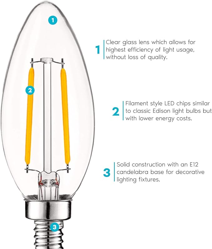 LUXRITE 4W Vintage Candelabra LED Bulbs Dimmable, 400 Lumens, 2700K Warm White, Chandelier Light Bulbs 40W Equivalent, Clear Glass, Filament Candle Bulb, UL Listed, E12 Base (24 Pack)