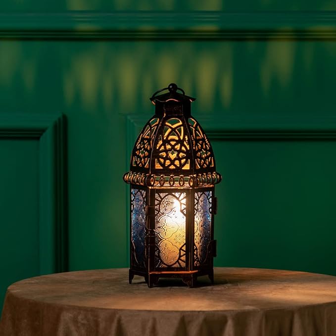 DECORKEY Vintage Candle Lantern, 12.8’’ Moroccan Style Decorative Metal Hanging&Tabletop Lantern, Ramadan Christmas Candle Holder Decorations for Home Outdoor Patio (Blue)