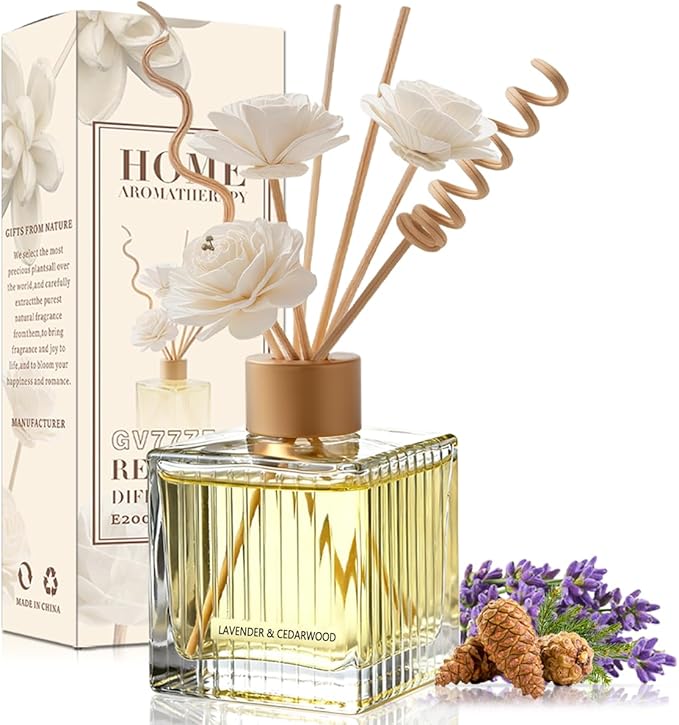 Lavender & Cedarwood Reed Diffuser Set-6.7 oz Glass Bottle with 4 Rattan Sticks,3 Dried Flowers,Adjustable,Long-Lasting Scent for Home,Bedroom,Living Room,Office,Bathroom,Aromatherapy Gift Set