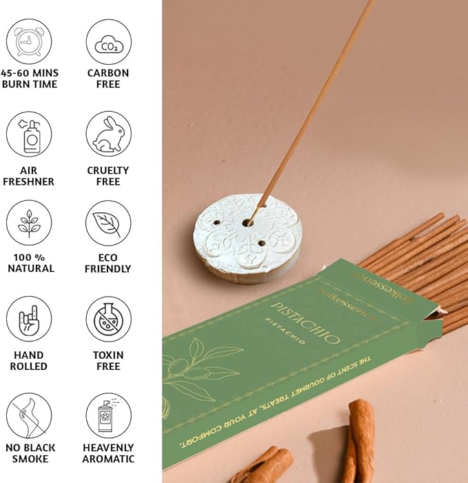 Folkulture Incense Sticks | Set of 100 Insence-Sticks with Holder for Relaxation | Pistachio Fragrance | Organic, Slow Burning & Non Toxic Inscents| Xmas Dessert Inspired for Women