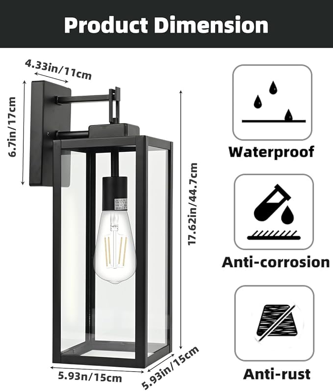 Large Size Outdoor Wall Lantern, 18 Inch Outdoor Light, Large Porch Light, Metal and Glass Outdoor Lantern Wall Light Fixture with E26 Socket, 1 Pack
