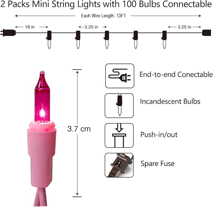 Vigdur 2 Pack 13ft 50 Count Outdoor String Lights on Pink Wire Cord, UL Approved for Indoor/Outdoors Use, Connectable 120V Clear Outdoor Lights for Xmas Patio Home Party Garden Decor(Pink)