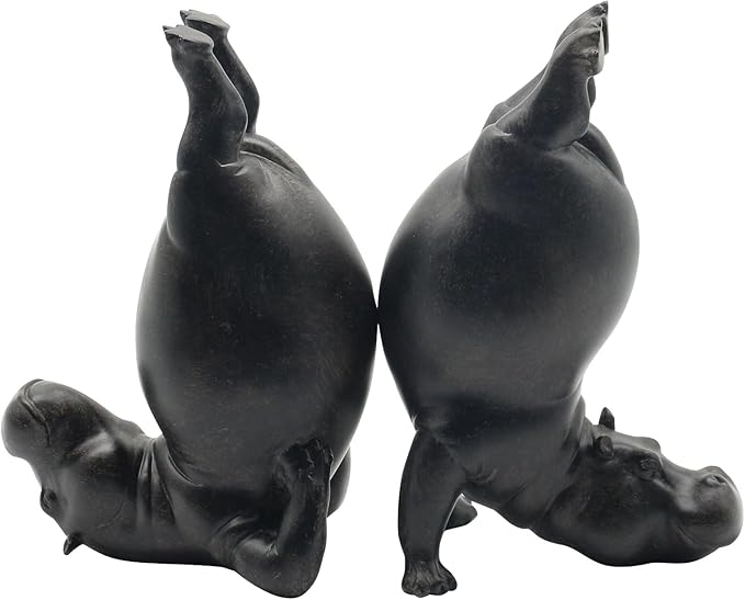 Lukitas Upside Down Hippo Decorative Bookends, Non-Slip Book Holders, Whimsical Animal Ornaments for Office Home Bookshelf Decor, Black, Resin 8.5''