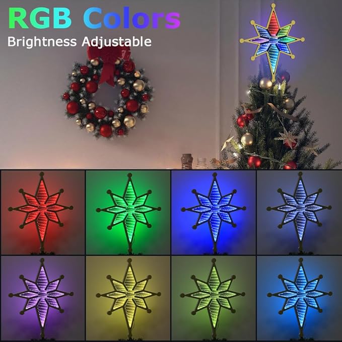 MEETYAMOR Smart Christmas Tree Topper, 13" 130 LEDs RGB Color Change Lighted 8-Point Star Tree Topper, App, Remote & Touch, USB Powered 3D Infinity Mirror Music Sync Treetop Decor for Xmas Party Gift