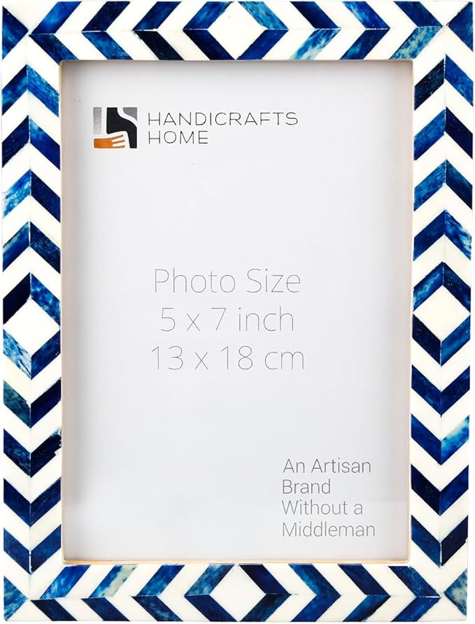Handicrafts Home Chevron Mosaic Picture Frame – Handmade Bone Inlay 4 by 6 Photo Frame for Tabletop & Wall Decor, Home Decor, Boho Chic Coastal Farmhouse Frame, Colorful Desk & Shelf Decor- Blue White