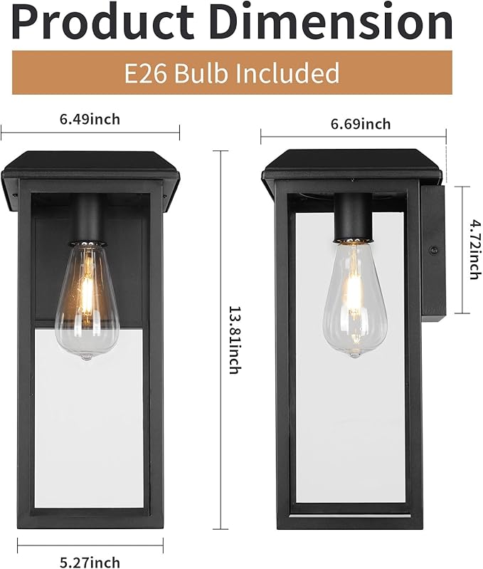 Solar Outdoor Wall Sconce Lights, Exterior Wall Light Fixtures Solar Powered, Anti-Rust Modern Contemporary Black Outside Lantern Lamps with Clear Glass for House Porch Doorway Patio,RZSR008A-2