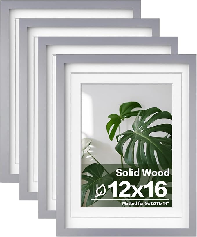 Egofine 12x16 Picture Frames with Plexiglass, Display Pictures 9x12/11x14 with Mat or 12x16 Without Mat Set of 4 for Wall Mounting,Light Grey