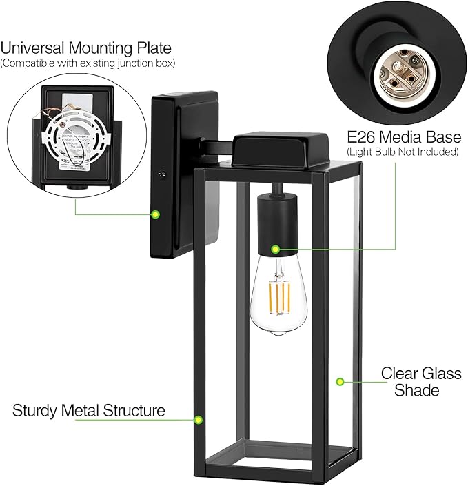hykolity Large Size Outdoor Wall Lights,16 Inch Outdoor Wall Lantern, Waterproof Exterior Wall Sconce, Anti-Rust Wall Mounted Lighting with Glass Shade,Lamp with E26 Socket for Porch, Front Door