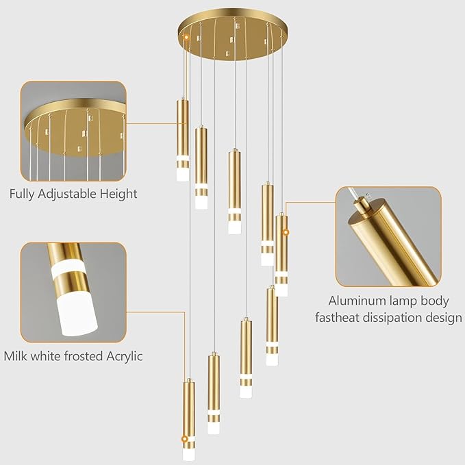 9-Light Modern Pendant Light Fixture Dimmable LED 54W Gold Staircase Large Chandelier Lobby Living Room Bedroom Foyer High Ceiling Chandelier