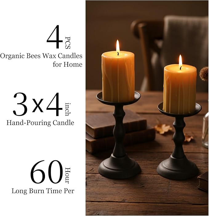 3x4inch Natural Beeswax Pillar Candles Set of 4, Dripping Wax Modeling Pure Beeswax Candles with 240 Hours Long Burning, Dripless Smokeless Organic Pillar Candles for Home Decor, Emergency, Prayer