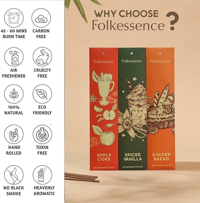Folkulture Incense Sticks - Set of 6 (120 Sticks) | Organic Non-Toxic Christmas Scented Incense Stick – Gingerbread, Apple Cider, Vanilla, Wine| Xmas Gift for Women, Holiday Aromatherapy, Home