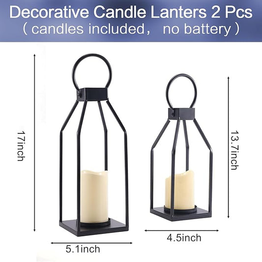 PHOSPHOR Modern Farmhouse Decor Lanterrn Set of 2 Black Metal Candle Holder for Indoor Outdoor Lanterns with Candles for Living Room Fireplace Dining Table Centerpieces Home Kitchen Decor