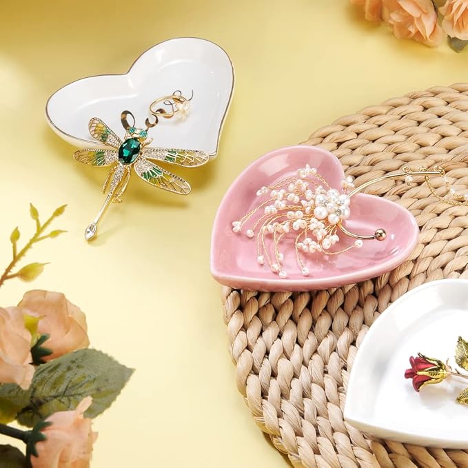 Pink Heart Jewelry Tray, Engagement Wedding Ring Dish Earring Holder for Newlyweds, Sweet Gift for Women, Ceramic. NO ROSE.