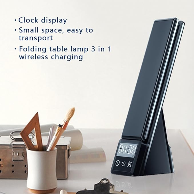 Multi-Functional Desk lamp with Wireless Charger N61 Black, Featuring Clock, Alarm, Adjustable Lighting, and Supporting All wirelessly Chargeable Phones, Watches, and Earphones.