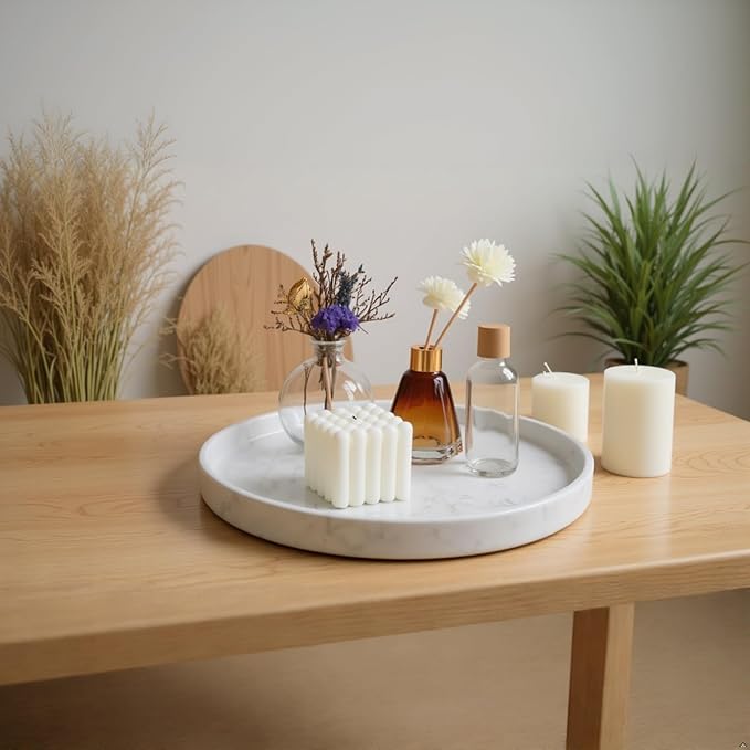 Carrara White Marble Tray Round 10 Inch, Natural Stone Perfume & Dessert Tray, Elegant Serving & Display Plate for Home, Vanity, 2 cm Deep, Non-Slip Base
