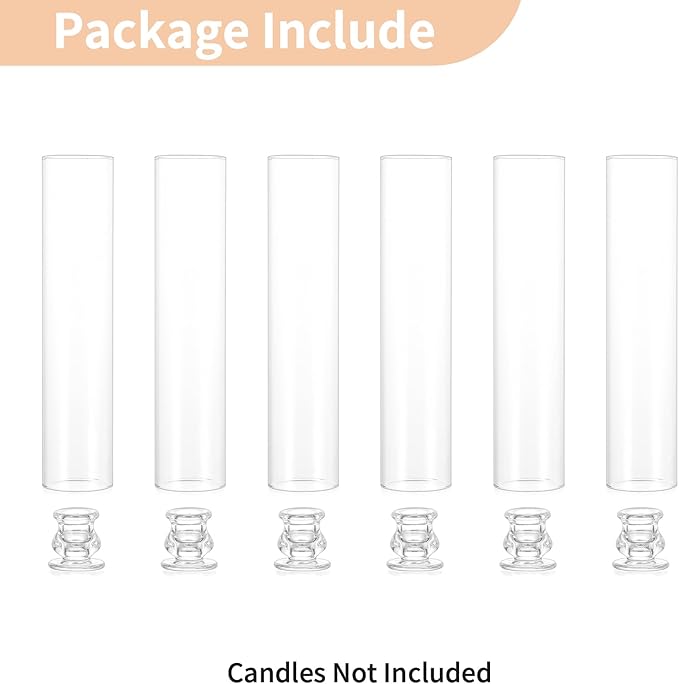 NUPTIO Candle Stick Candle Holder: Set of 6 Glass Hurricane Taper Candleholder - Bulk Candlestick Stand with Tall Cylinder Chimney for Thanksgiving Christmas Holiday Table Decoration
