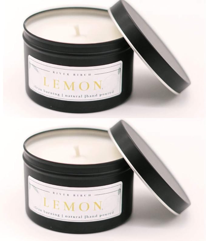 River Birch Premium Lemon Scented Soy Candles - 2-Pack, Two 8 oz. Black Matte Tin Travel Candles