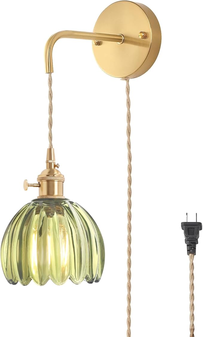 Vintage Wall Sconce Wall Lamp with Green Tulip Glass Shade Hanging Wall Sconce with 4.9FT Plug in Cord, Modern Wall Lamp Fixtures Decor for Bedside Bedroom Indoor Doorway