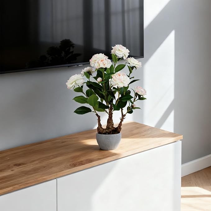 TOARTi Artificial Camellia Potted Plant with Stone Pot, 20.5" Tall Fake Potted Flowers Faux Plants Desk Plant, Realistic Decorative Plants Indoor Decor for for Home Bedroom Bathroom Office Desk