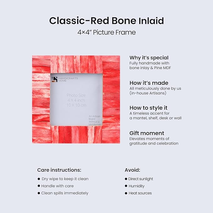 Handicrafts Home 4x4 Christmas Decor Red Picture Frame – Handmade Bone Inlay Photo Frame for Valentine’s Day Gift, Colorful Farmhouse Wall, Boho Shelf Decor, Vintage Home Decor & Living Room Wall Art