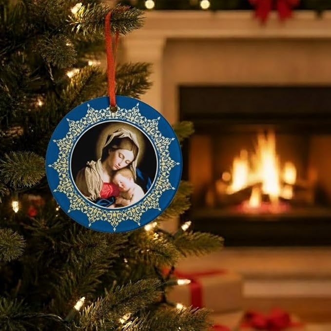 Madonna & Holy Child Acrylic Ornament - Traditional Catholic & Christian Christmas Decor - Ornate Religious Decorative Hanging Ornaments for Tree