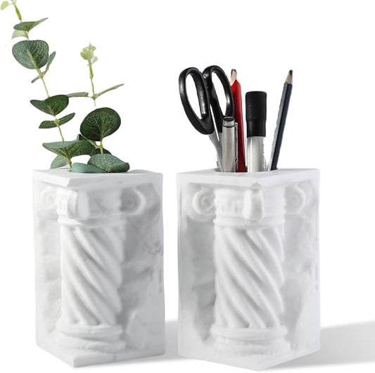 Decorative Roman Column Book Ends & Vase - Heavy Duty Marble Book Ends for Heavy Books, Vintage Home Office Decor, Dual Use as Flower Vase, Natural Stone Bookends for Shelves (2PC, White)