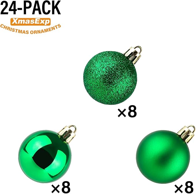 XmasExp 24ct Mini Christmas Ball Ornaments Shatterproof Christmas Ornaments Set Decorations for Xmas Tree Balls 30mm/1.18" (Green)