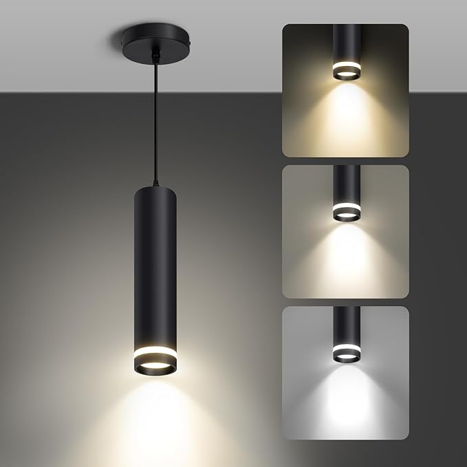 OKELI Modern Pendant Lights, Black LED Pendant Lights Fixtures,3 Color Pendant Lighting for Kitchen Island, Bar,12W,3000K-6000K,ETL(1pack)