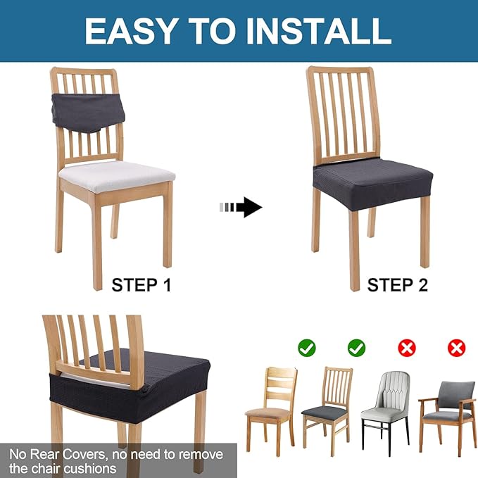 Smiry Waterproof Seat Covers for Dining Room Chairs Set of 6, Stretch Jacquard Removable Washable Chair Seat Slipcovers Protector, No Rear Covers, Dark Grey