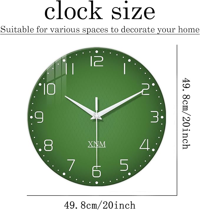 XNM Green Glass Big Wall Clock Battery Operated 20 Inch Modern Clock for Living Room Decor Large Wall Clock Silent