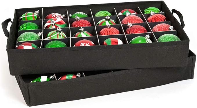 [Red Christmas Ornament Storage Box with Dividers] - (Holds 48 Ornaments up to 3 Inches in Diameter) | Acid-Free Removable Trays with Separators | Clear Window to Easily See Storage Bags Contents