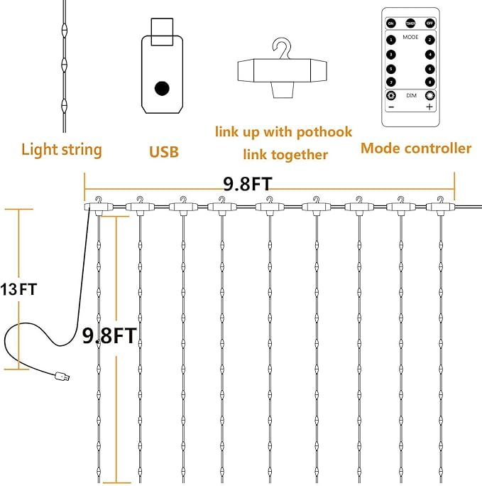Warm White LED Fairy Curtain Lights, 300 LEDs with Remote Control - 8 Modes Dimmable, USB Plug-in String Lights for Bedroom Wedding Christmas Party Indoor Decor