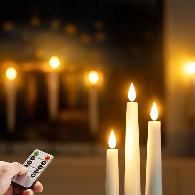Homemory 6 Pcs Waxy Flameless Taper Candles with Remote, Led Candlesticks Classic Tall Candle, Flickering Battery Operated Taper Candles for Bedroom, Dining Room, White, 9.6 inches
