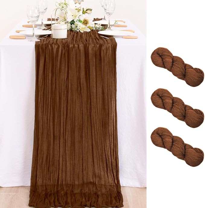 MLMC 3 Pack Brown Table Runner 10ft Boho Rustic Gauze Coffee Cheesecloth Table Runner Neutral Cheese Cloth Table Decor 35x120 Inches for Wedding Bridal Shower Reception Party Decor