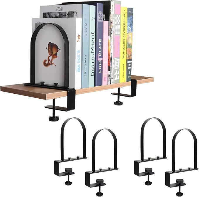 WOMACO Book Ends for Heavy Books, Heavy Duty Bookend for Shelves, Super Steady Clamp-On Non-Skid Metal Book Shelves Holders Stoppers for CDs, Vinyl Records (Black, 2 Pairs)