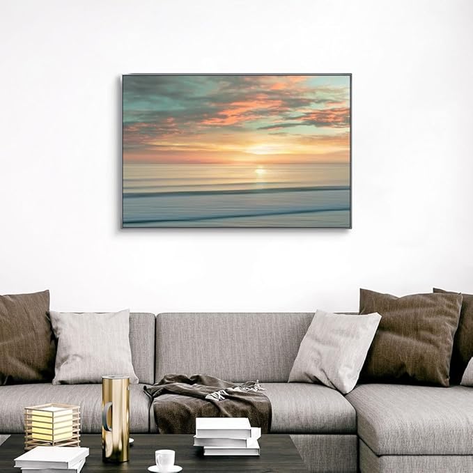 CANVAS ON DEMAND Beach Sunrise Silver Float Framed Canvas Wall Art Print by Alex Hanson, Contemporary, Home Decor, Ocean Artwork,48" x32in