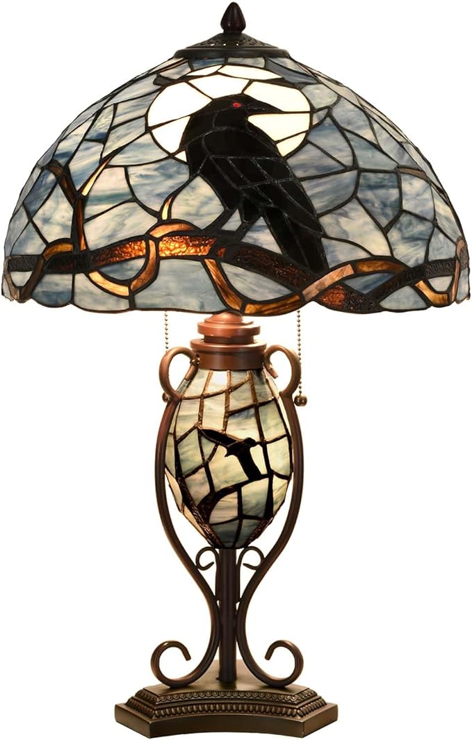 Bieye L10954 Raven Sitting on Bare Tree Branch in Full Moon Night Tiffany Style Stained Glass Table Lamp for Home Decor (Dark Blue, 16Wx24H)