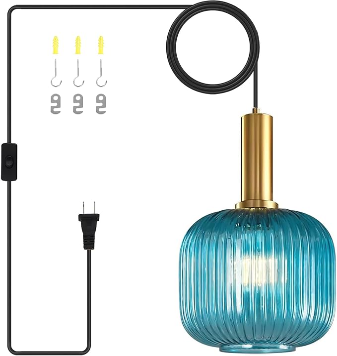 Blue Glass Hanging Lamp Plug in Pendant Light Fixture Ceiling Hanging Lights with Plug in Cord Mid Century Blue Glass Plug in Chandelier for Kitchen Island Bedroom Dining Room Living Room