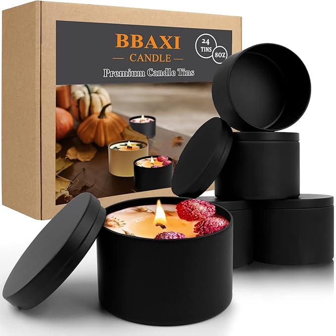8 oz , 24 Pcs, Black Empty Candle Tin with Lids for DIY Candles Making , Matte Full Black Candle Jars